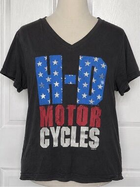 Harley-Davidson Black V-Neck Tee with Blue, Red & White Graphic
